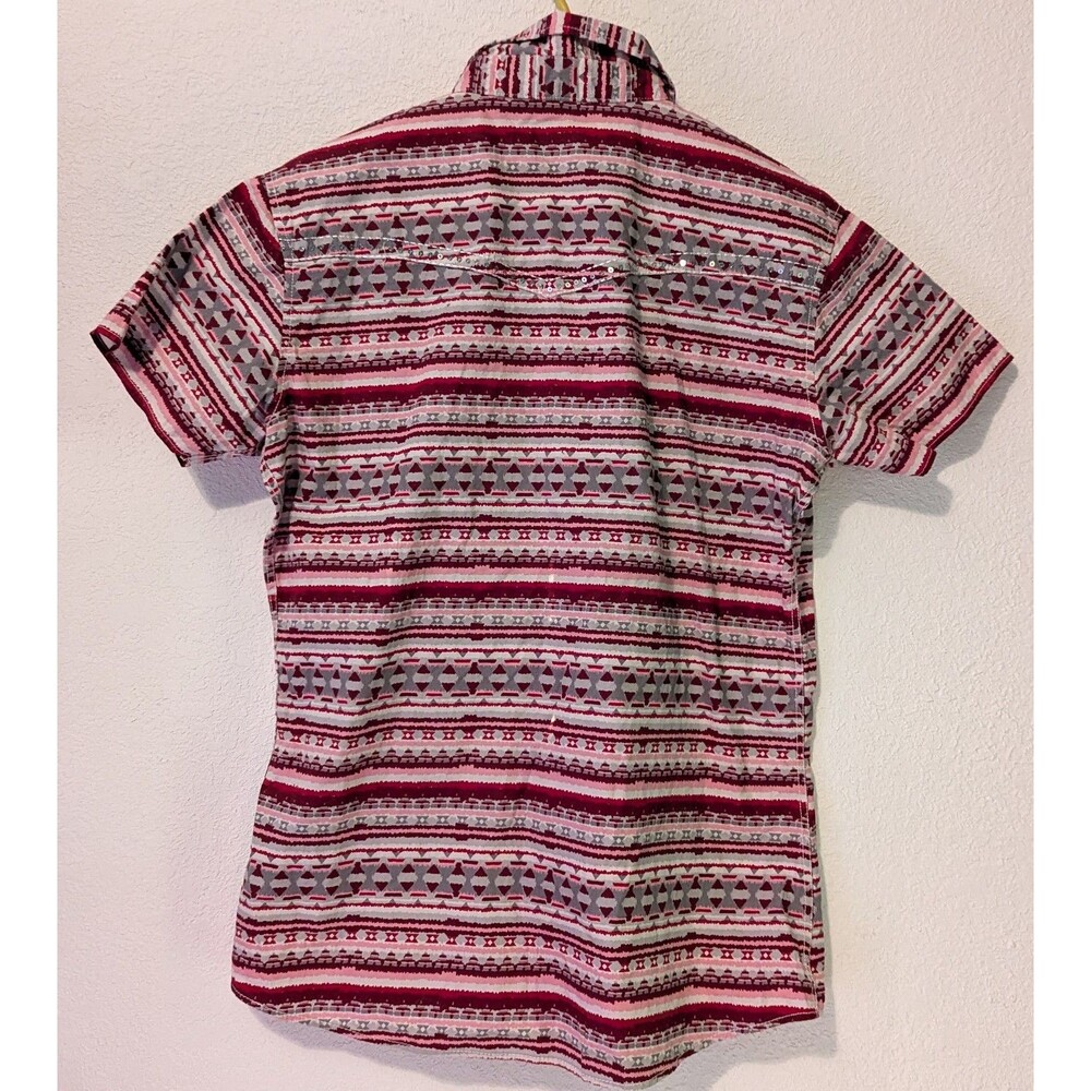 CHAPS Short-Sleeve Red Patterned Button-Up Blouse - Picture 2 of 3